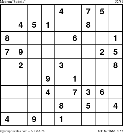 The grouppuzzles.com Medium Sudoku puzzle for Friday March 13, 2026