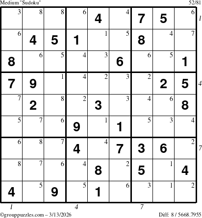 The grouppuzzles.com Medium Sudoku puzzle for Friday March 13, 2026, suitable for printing, with all 8 steps marked