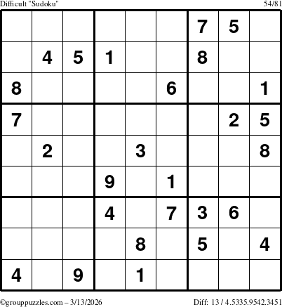 The grouppuzzles.com Difficult Sudoku puzzle for Friday March 13, 2026