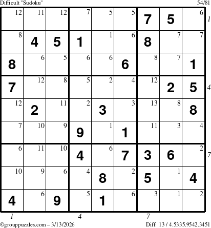 The grouppuzzles.com Difficult Sudoku puzzle for Friday March 13, 2026, suitable for printing, with all 13 steps marked