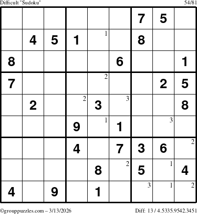 The grouppuzzles.com Difficult Sudoku puzzle for Friday March 13, 2026 with the first 3 steps marked