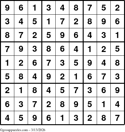 The grouppuzzles.com Answer grid for the Sudoku puzzle for Friday March 13, 2026