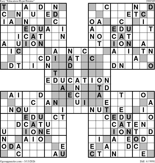 The grouppuzzles.com Easy Education-HyperXtreme puzzle for Friday March 13, 2026