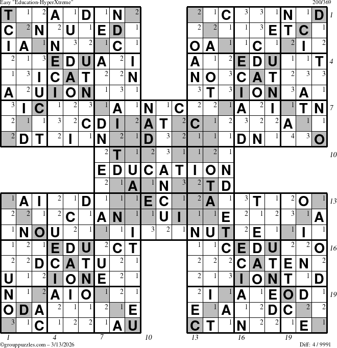 The grouppuzzles.com Easy Education-HyperXtreme puzzle for Friday March 13, 2026 with all 4 steps marked