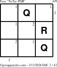 The grouppuzzles.com Easy TicTac-PQR puzzle for Friday March 13, 2026, suitable for printing, with all 2 steps marked