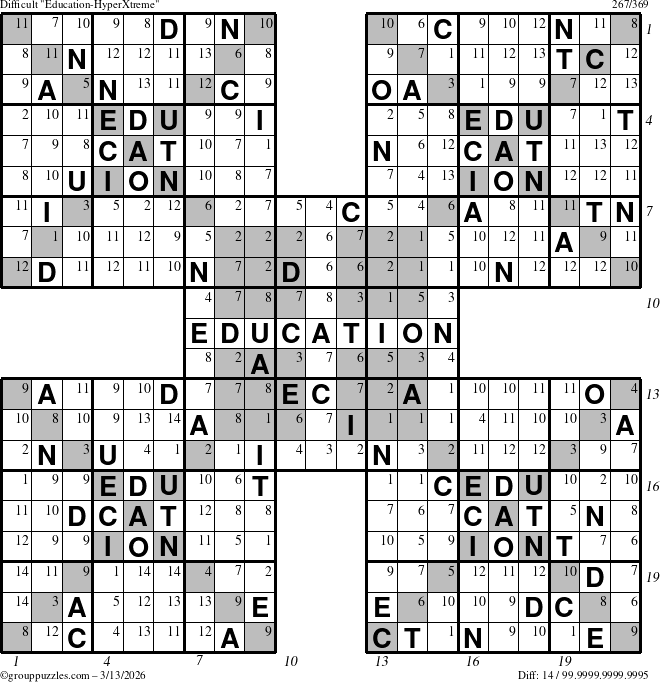 The grouppuzzles.com Difficult Education-HyperXtreme puzzle for Friday March 13, 2026 with all 14 steps marked