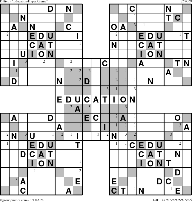 The grouppuzzles.com Difficult Education-HyperXtreme puzzle for Friday March 13, 2026 with the first 3 steps marked