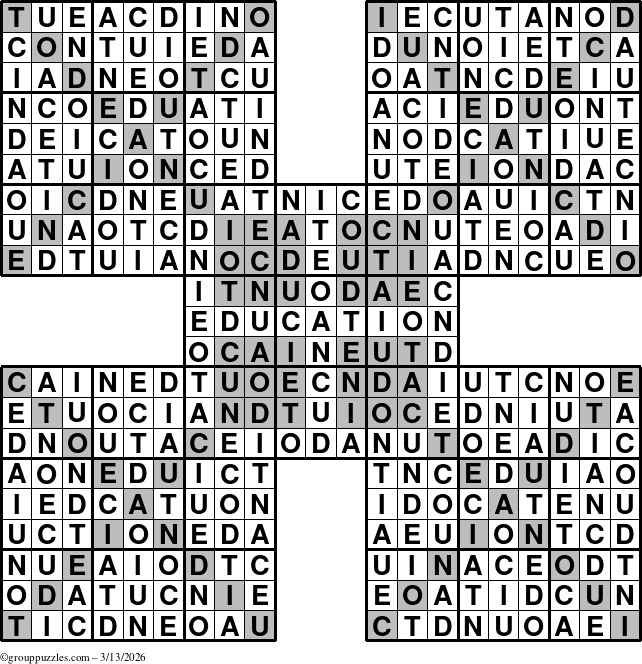 The grouppuzzles.com Answer grid for the Education-HyperXtreme puzzle for Friday March 13, 2026