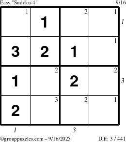 The grouppuzzles.com Easy Sudoku-4 puzzle for Tuesday September 16, 2025 with all 3 steps marked