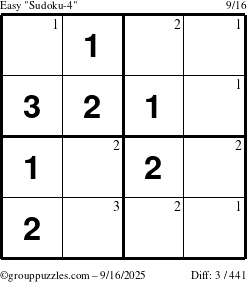 The grouppuzzles.com Easy Sudoku-4 puzzle for Tuesday September 16, 2025 with the first 3 steps marked
