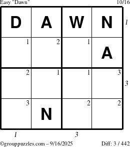 The grouppuzzles.com Easy Dawn puzzle for Tuesday September 16, 2025, suitable for printing, with all 3 steps marked
