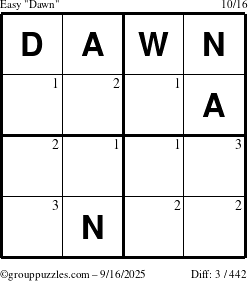 The grouppuzzles.com Easy Dawn puzzle for Tuesday September 16, 2025 with the first 3 steps marked