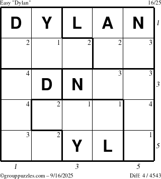 The grouppuzzles.com Easy Dylan puzzle for Tuesday September 16, 2025, suitable for printing, with all 4 steps marked
