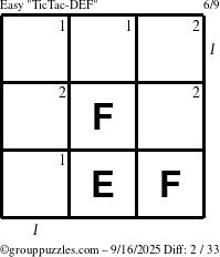 The grouppuzzles.com Easy TicTac-DEF puzzle for Tuesday September 16, 2025, suitable for printing, with all 2 steps marked