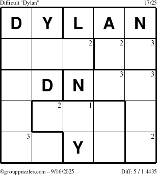 The grouppuzzles.com Difficult Dylan puzzle for Tuesday September 16, 2025 with the first 3 steps marked