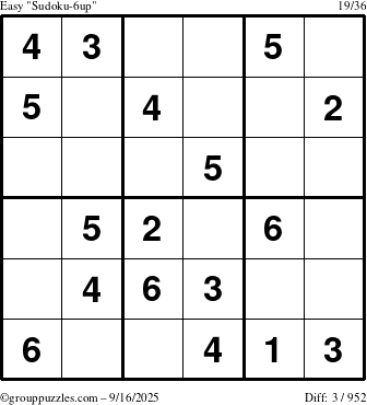 The grouppuzzles.com Easy Sudoku-6up puzzle for Tuesday September 16, 2025