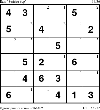 The grouppuzzles.com Easy Sudoku-6up puzzle for Tuesday September 16, 2025 with the first 3 steps marked