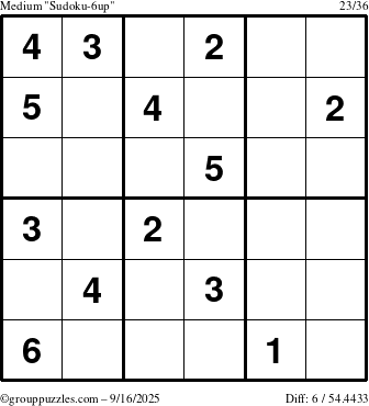 The grouppuzzles.com Medium Sudoku-6up puzzle for Tuesday September 16, 2025