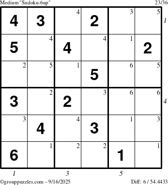 The grouppuzzles.com Medium Sudoku-6up puzzle for Tuesday September 16, 2025 with all 6 steps marked
