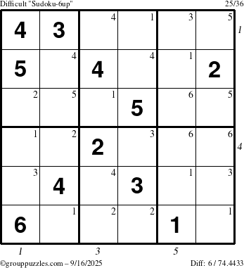 The grouppuzzles.com Difficult Sudoku-6up puzzle for Tuesday September 16, 2025 with all 6 steps marked