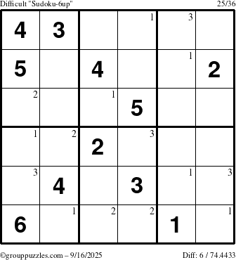 The grouppuzzles.com Difficult Sudoku-6up puzzle for Tuesday September 16, 2025 with the first 3 steps marked