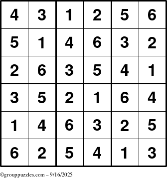 The grouppuzzles.com Answer grid for the Sudoku-6up puzzle for Tuesday September 16, 2025