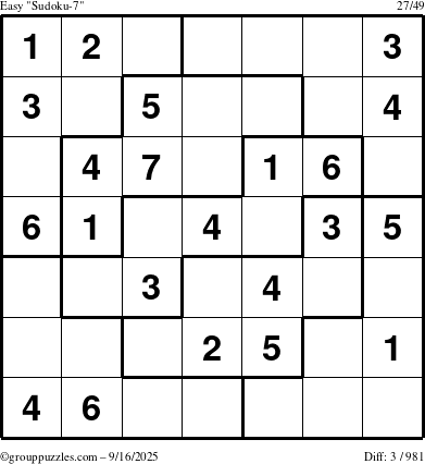 The grouppuzzles.com Easy Sudoku-7 puzzle for Tuesday September 16, 2025