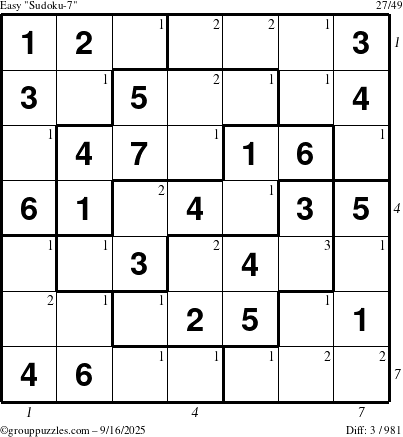 The grouppuzzles.com Easy Sudoku-7 puzzle for Tuesday September 16, 2025 with all 3 steps marked