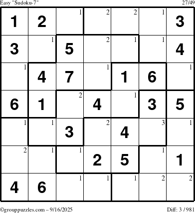 The grouppuzzles.com Easy Sudoku-7 puzzle for Tuesday September 16, 2025 with the first 3 steps marked