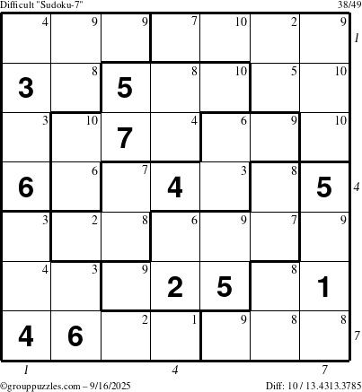 The grouppuzzles.com Difficult Sudoku-7 puzzle for Tuesday September 16, 2025 with all 10 steps marked