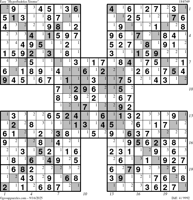 The grouppuzzles.com Easy HyperSudoku-Xtreme puzzle for Tuesday September 16, 2025 with all 4 steps marked