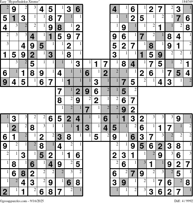The grouppuzzles.com Easy HyperSudoku-Xtreme puzzle for Tuesday September 16, 2025 with the first 3 steps marked