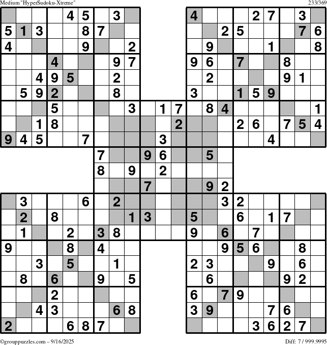 The grouppuzzles.com Medium HyperSudoku-Xtreme puzzle for Tuesday September 16, 2025