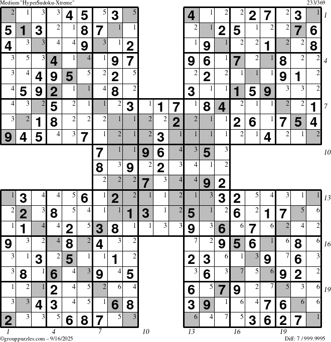 The grouppuzzles.com Medium HyperSudoku-Xtreme puzzle for Tuesday September 16, 2025 with all 7 steps marked