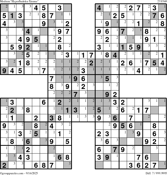The grouppuzzles.com Medium HyperSudoku-Xtreme puzzle for Tuesday September 16, 2025 with the first 3 steps marked