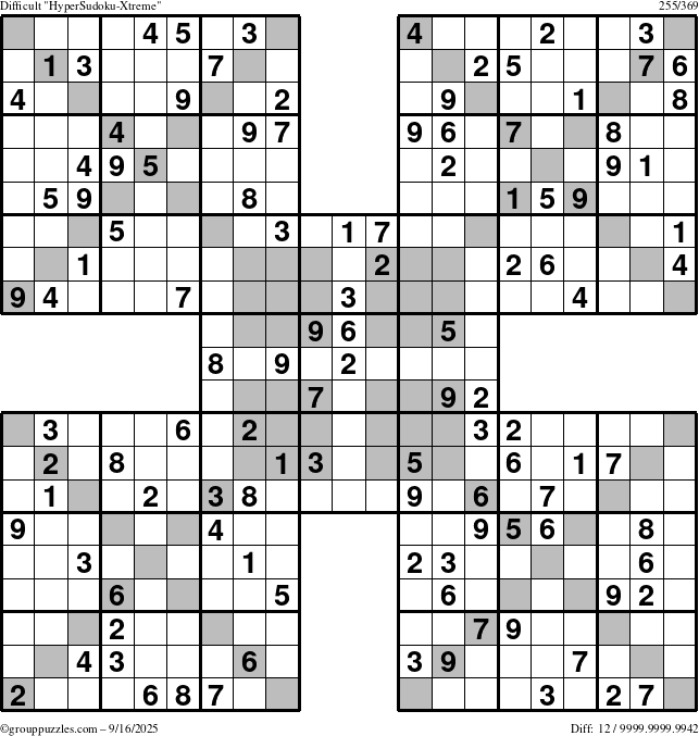 The grouppuzzles.com Difficult HyperSudoku-Xtreme puzzle for Tuesday September 16, 2025