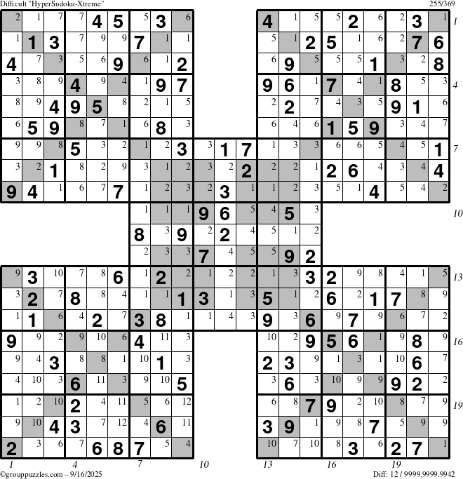 The grouppuzzles.com Difficult HyperSudoku-Xtreme puzzle for Tuesday September 16, 2025 with all 12 steps marked