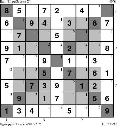 The grouppuzzles.com Easy HyperSudoku-X puzzle for Tuesday September 16, 2025 with all 3 steps marked