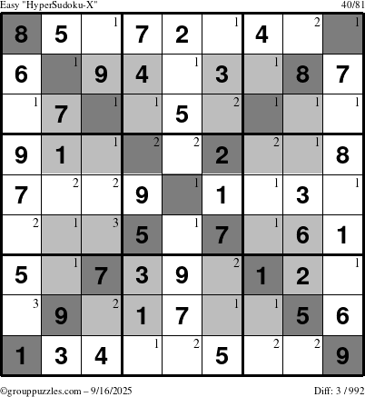 The grouppuzzles.com Easy HyperSudoku-X puzzle for Tuesday September 16, 2025 with the first 3 steps marked