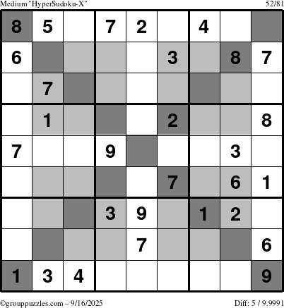 The grouppuzzles.com Medium HyperSudoku-X puzzle for Tuesday September 16, 2025
