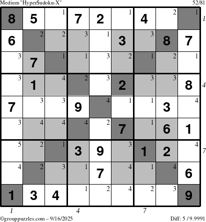 The grouppuzzles.com Medium HyperSudoku-X puzzle for Tuesday September 16, 2025 with all 5 steps marked