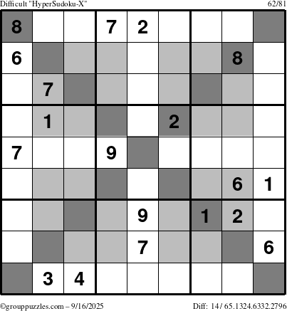 The grouppuzzles.com Difficult HyperSudoku-X puzzle for Tuesday September 16, 2025