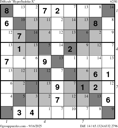 The grouppuzzles.com Difficult HyperSudoku-X puzzle for Tuesday September 16, 2025 with all 14 steps marked