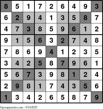 The grouppuzzles.com Answer grid for the HyperSudoku-X puzzle for Tuesday September 16, 2025