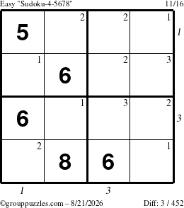 The grouppuzzles.com Easy Sudoku-4-5678 puzzle for Friday August 21, 2026, suitable for printing, with all 3 steps marked