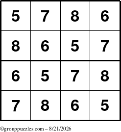 The grouppuzzles.com Answer grid for the Sudoku-4-5678 puzzle for Friday August 21, 2026
