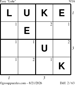 The grouppuzzles.com Easy Luke puzzle for Friday August 21, 2026 with all 2 steps marked