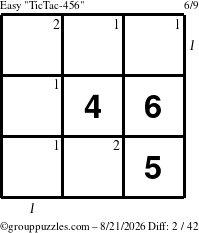The grouppuzzles.com Easy TicTac-456 puzzle for Friday August 21, 2026 with all 2 steps marked