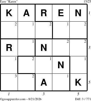 The grouppuzzles.com Easy Karen puzzle for Friday August 21, 2026, suitable for printing, with all 3 steps marked