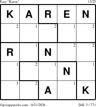 The grouppuzzles.com Easy Karen puzzle for Friday August 21, 2026 with the first 3 steps marked
